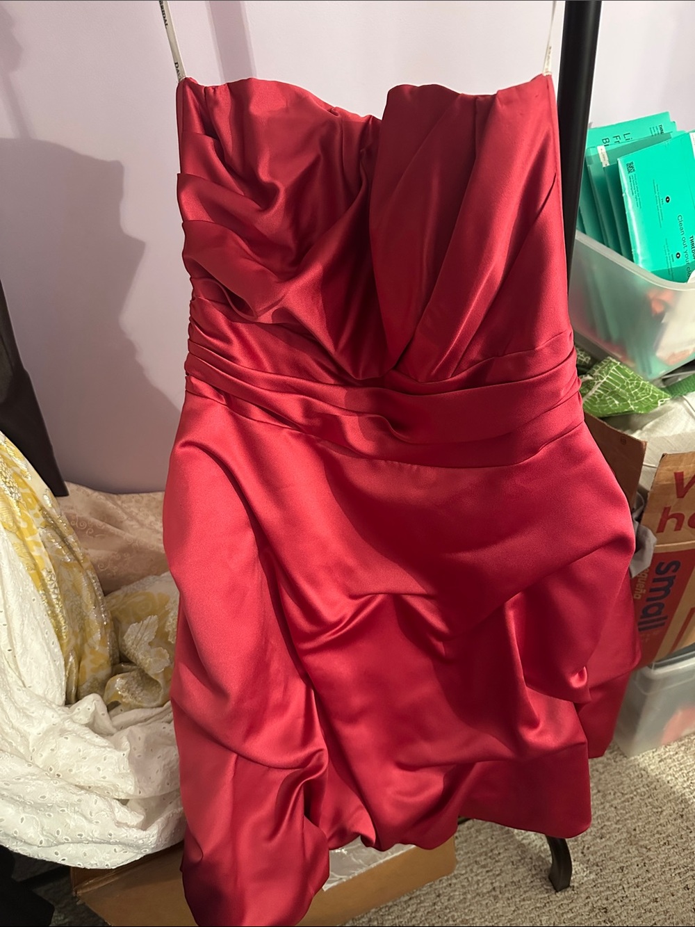 David's Bridal Strapless Red Satin Party Dress